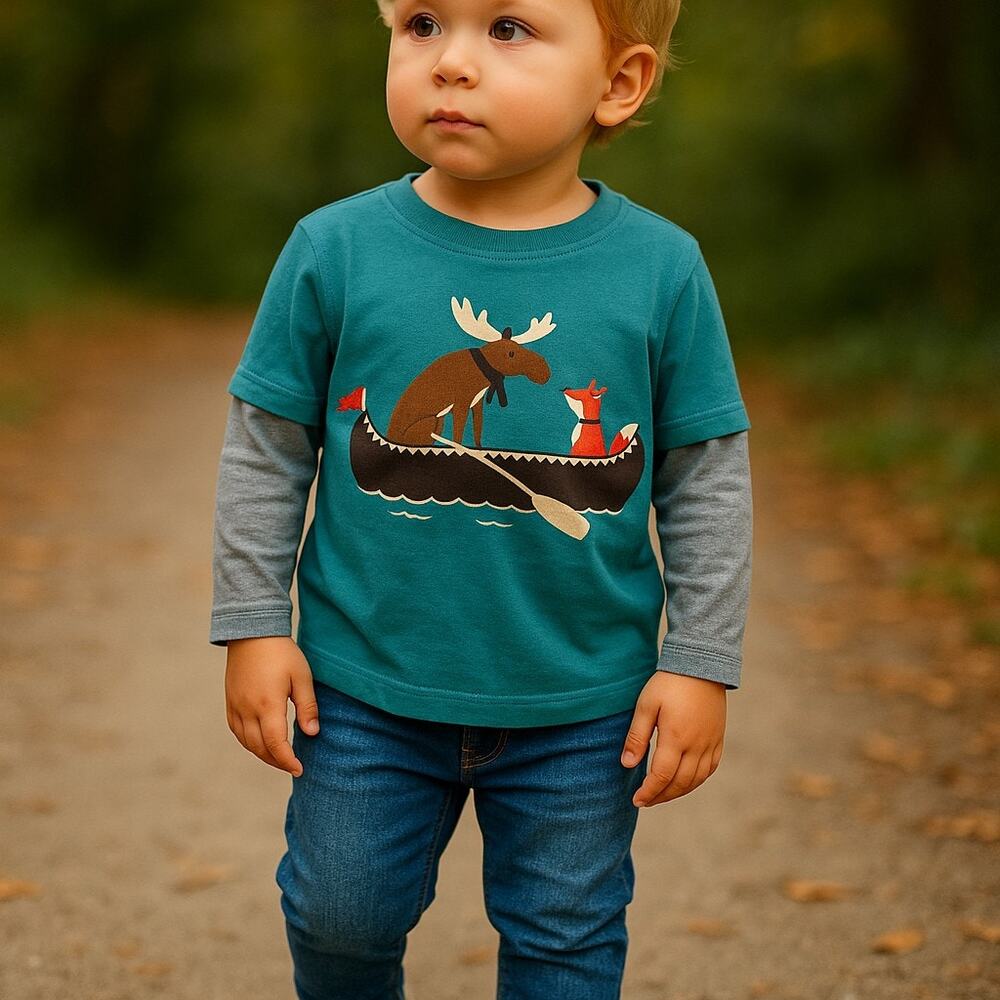 Carter's Boys Tee Sz 4 Teal Gray Shirt Moose Fox Canoe Layered Look